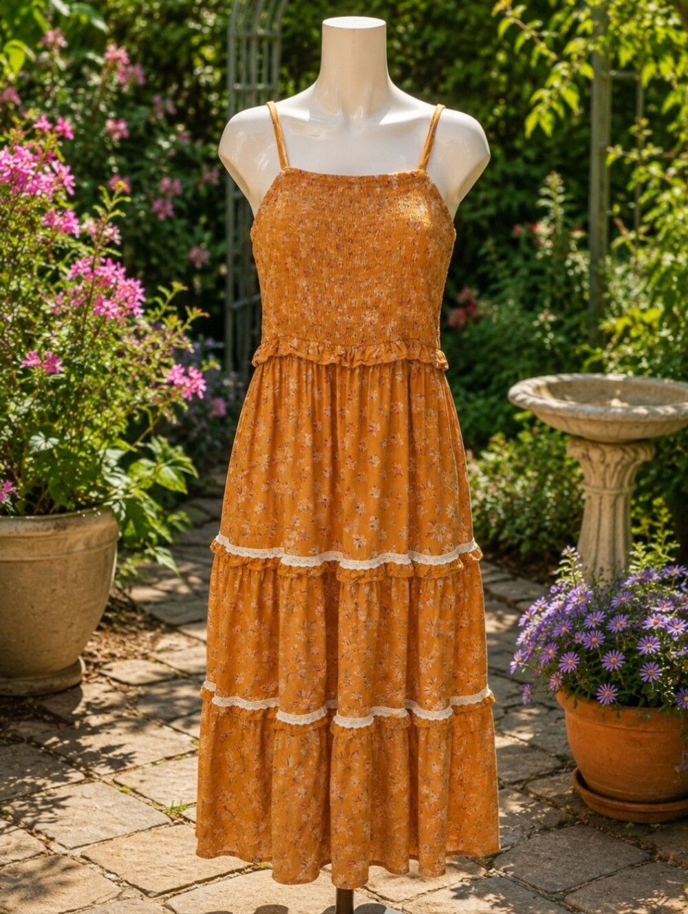 *Universal Thread Mustard Floral Smocked Tiered Midi Dress Pit 22 With Pockets